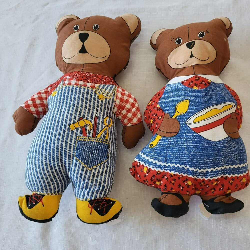 Vintage Handmade Bear Dolls In Overalls & Dress With Red & Blue Patterns - 2 Pc